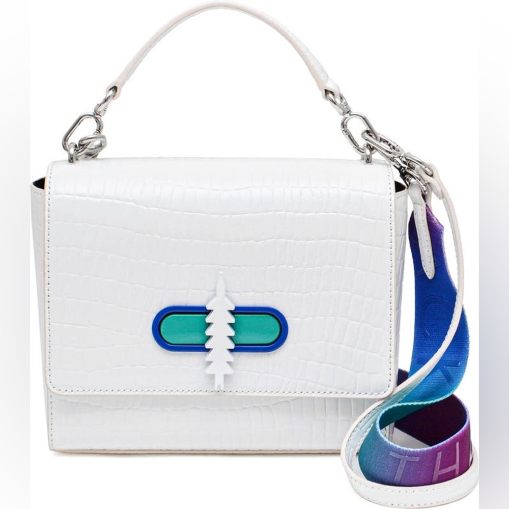White Croc-Embossed Handbag with Multicolor Strap